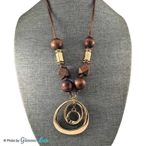 Bohemian Rustic Wood & Leather Layered Pendant Necklace - Picture 1 of 8